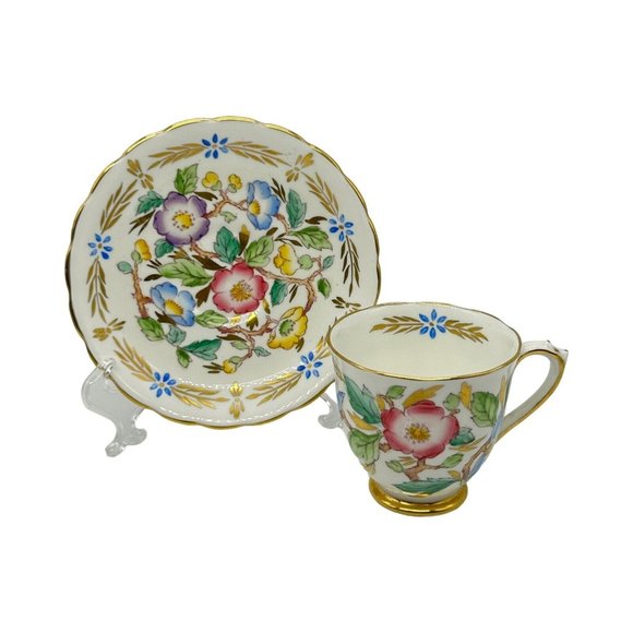 Royal Chelsea England Demitasse Cup & Saucer Set 385A Floral AOP Bone China EUC - Picture 1 of 10